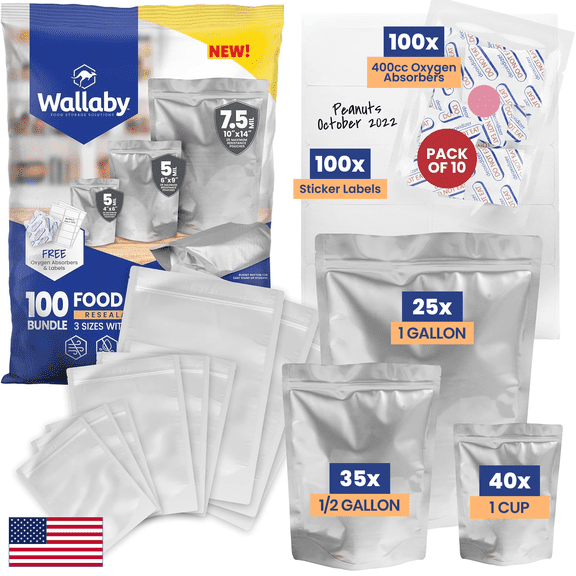 Wallaby 100 Count Gusset Mylar Bag Bundle Heat Sealable & Zipper Pouches Food Storage - Silver