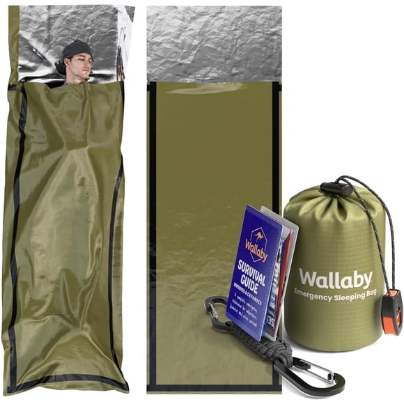 Wallaby 2-Pack Emergency Mylar Sleeping Bags with Nylon Pouches, Whistle Pull & Paracord with Carabiners, Free Survival Guide  Hiking, Survival (Green)
