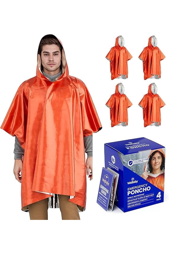 4-Pack Emergency Mylar Ponchos – Universal Fit Thermal Poncho with 90%+ Heat Retention, Lightweight Rain, Cold, Heat, Emergency Protection + Free Survival Guide (Orange)