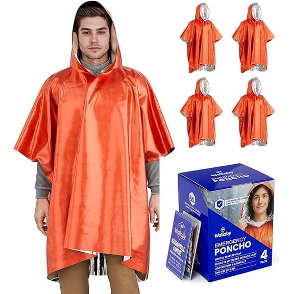 Wallaby 4-Pack Emergency Mylar Ponchos Universal Fit Thermal Poncho with 90%+ Heat Retention, Lightweight Rain, Cold, Heat, Emergency Protection + Free Survival Guide (Orange)