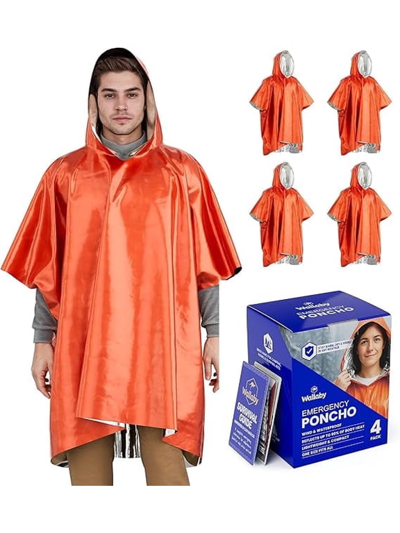 4-Pack Emergency Mylar Ponchos – Universal Fit Thermal Poncho with 90%+ Heat Retention, Lightweight Rain, Cold, Heat, Emergency Protection + Free Survival Guide (Orange)