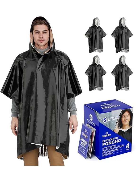 4-Pack Emergency Mylar Ponchos Universal Fit Thermal Poncho with 90%+ Heat Retention, Lightweight Rain, Cold, Heat, Emergency Protection (Matte Black)