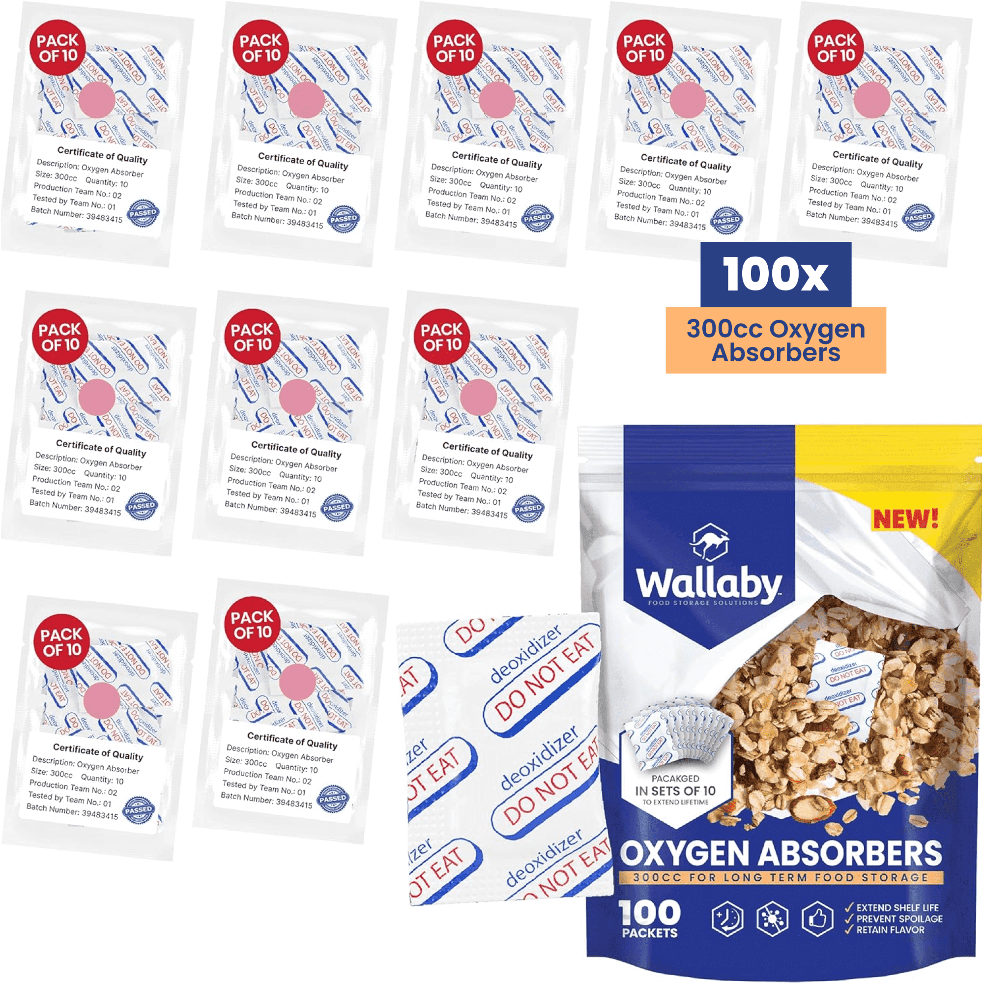 100 Wallaby 300cc Oxygen Absorbers - Vacuum Sealed in Ten Packs - Food Safe for Long-Term Food Prepping & Storage in Mylar Bags, Canning, Harvest Right Freeze Dried & Dehydrated Foods
