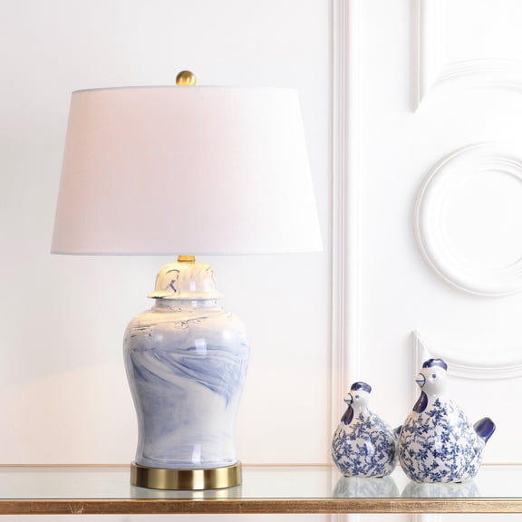 JONATHAN Y Wallace 26" Ceramic LED Table Lamp, Blue/White, JYL3010A