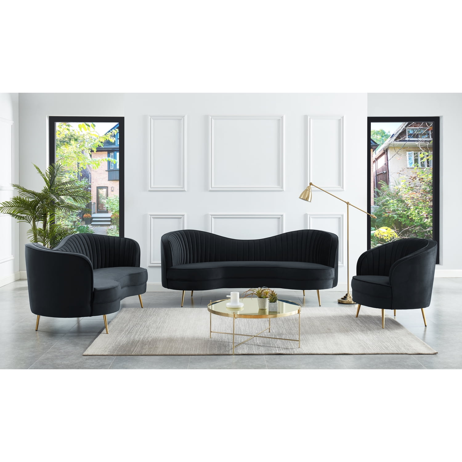 Wallace 3-piece Modern Velvet Living Room Set in Black