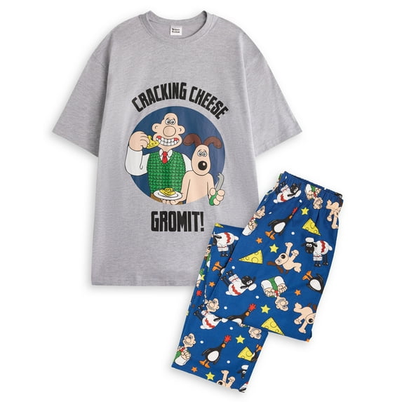 Wallace And Gromit Mens Grey Short Sleeve Long Leg Pyjama Set