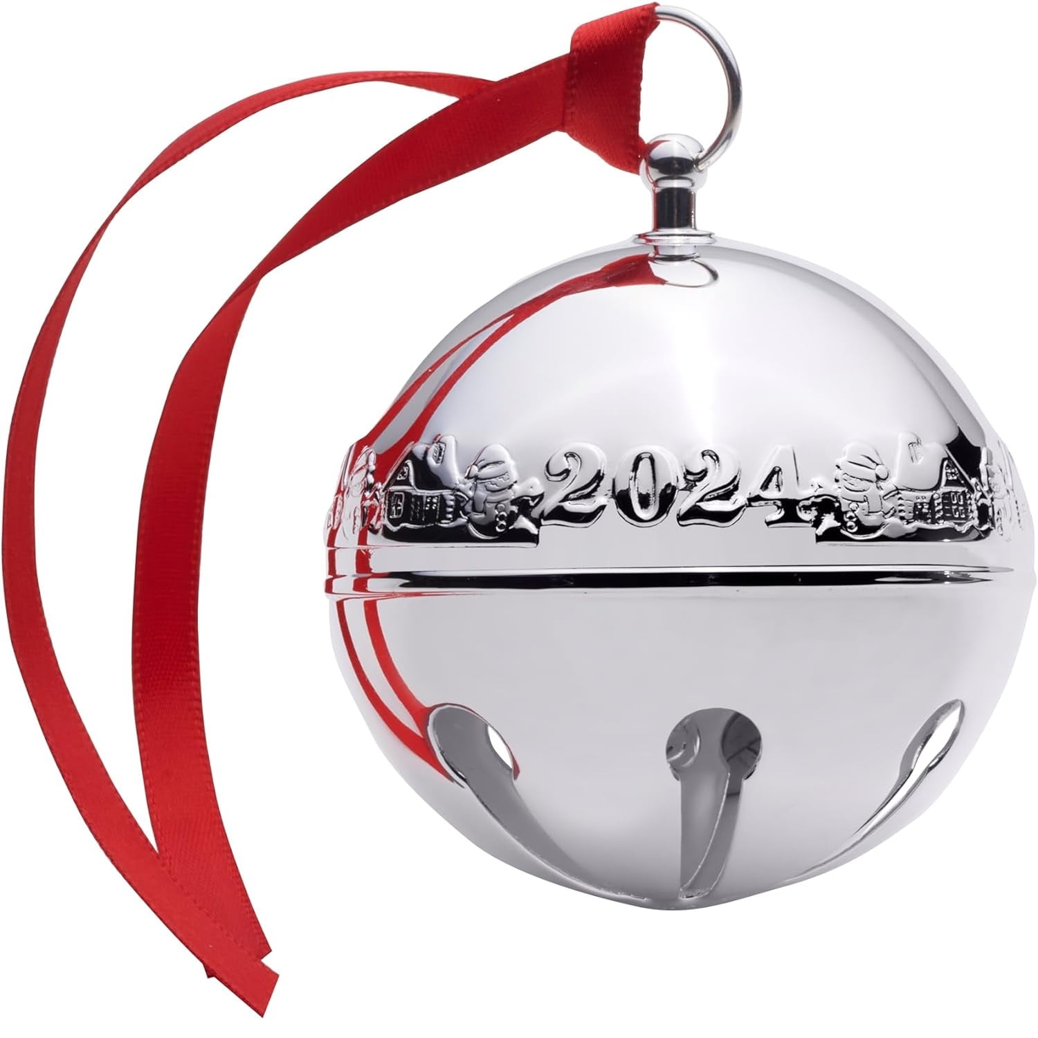2024 Silver Plated Sleigh Bell Ornament with Red Ribbon