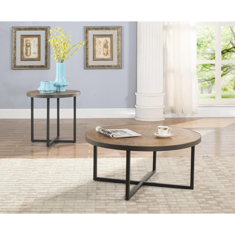 Foley 36" Round Rustic Wood and Black Metal Coffee Table