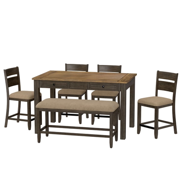 Brown Casual 6-Piece Gathering Height Table Set with Storage Drawers