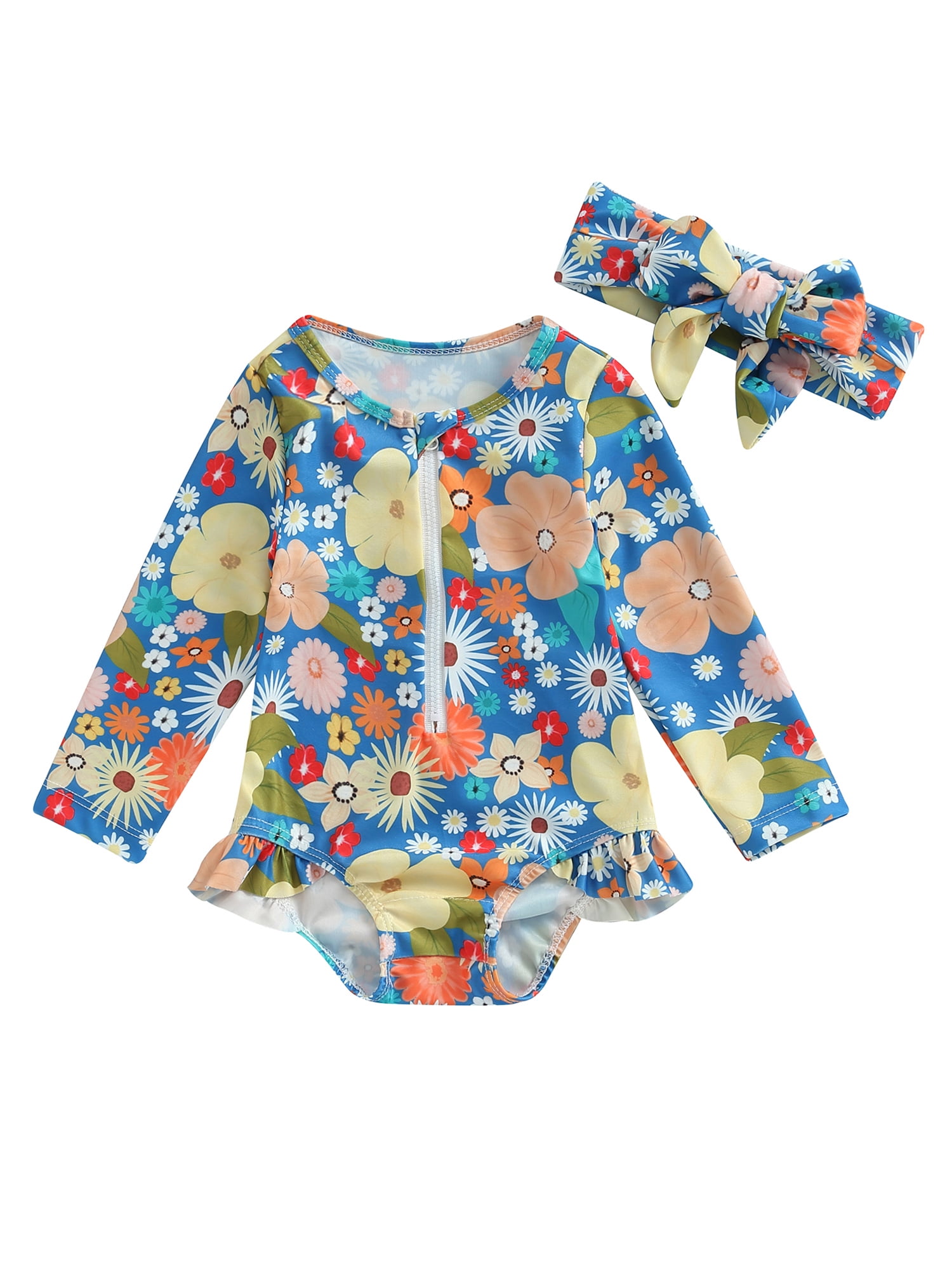 Wallarenear Baby Girl Rash Guard Swimsuit Floral Print Long Sleeve Zipper Bathing Suit