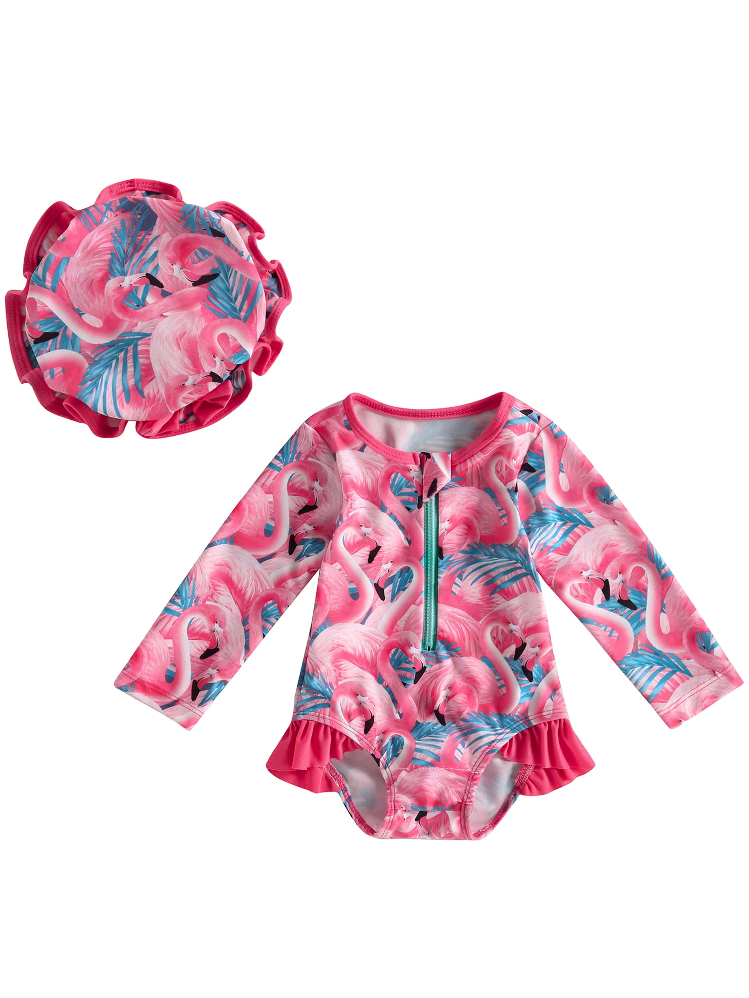 Wallarenear Baby Girls Swimsuit Rash Guard Long Sleeve Zipper Onesie