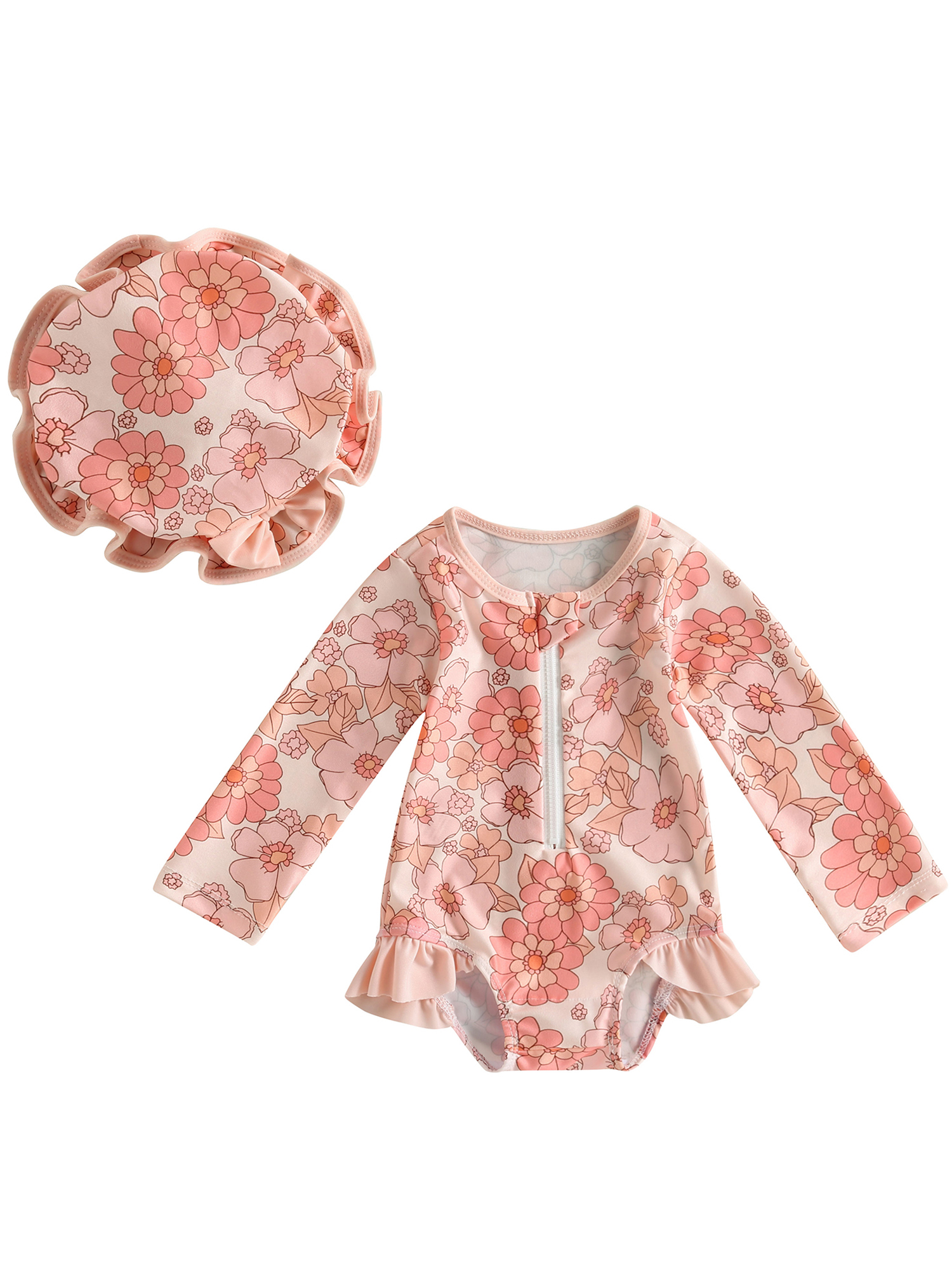 Wallarenear Baby Girls Swimsuit Rash Guard Long Sleeve Zipper Onesie