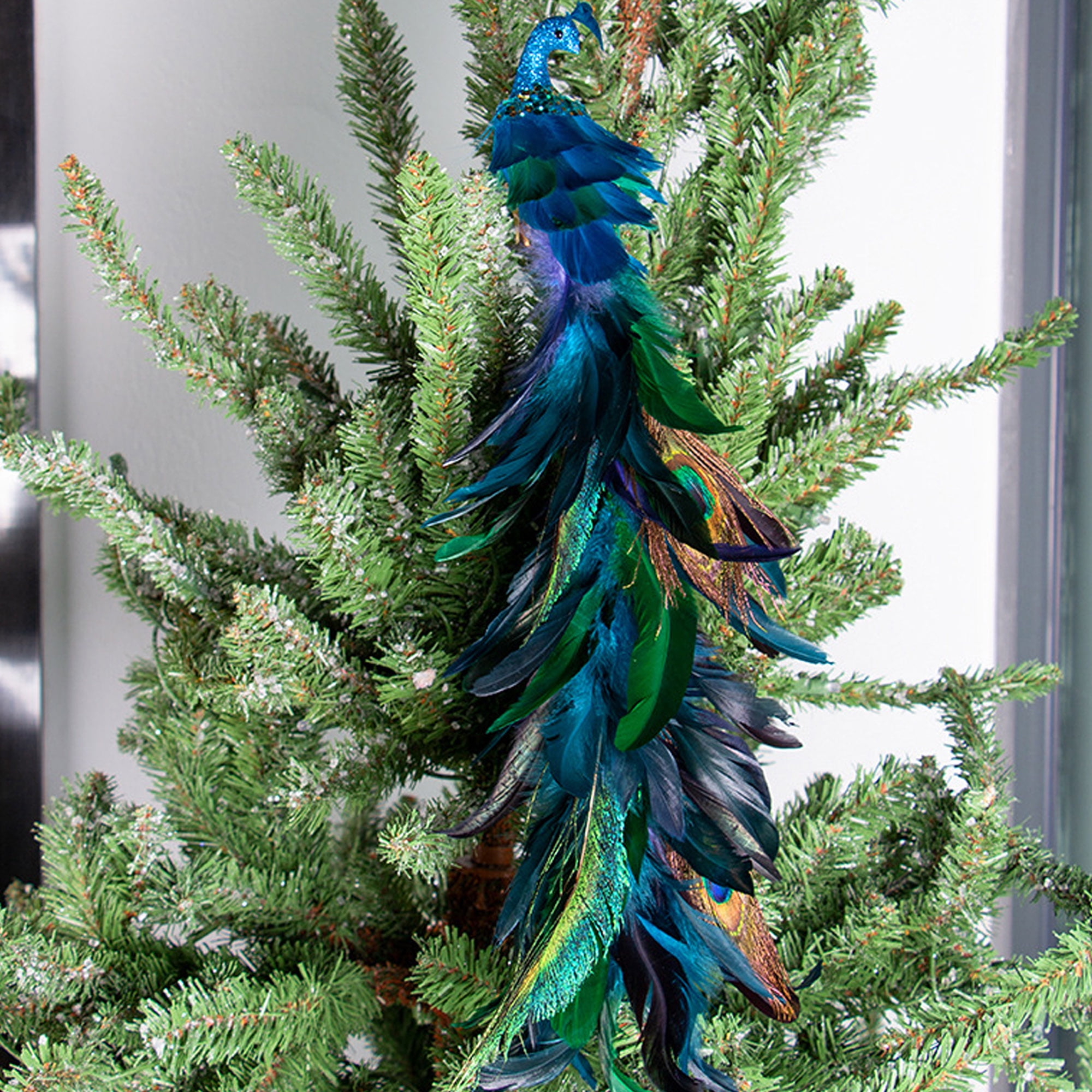 Wallarenear Blue Sparkling Faux Feather Peacock Ornaments for Christmas