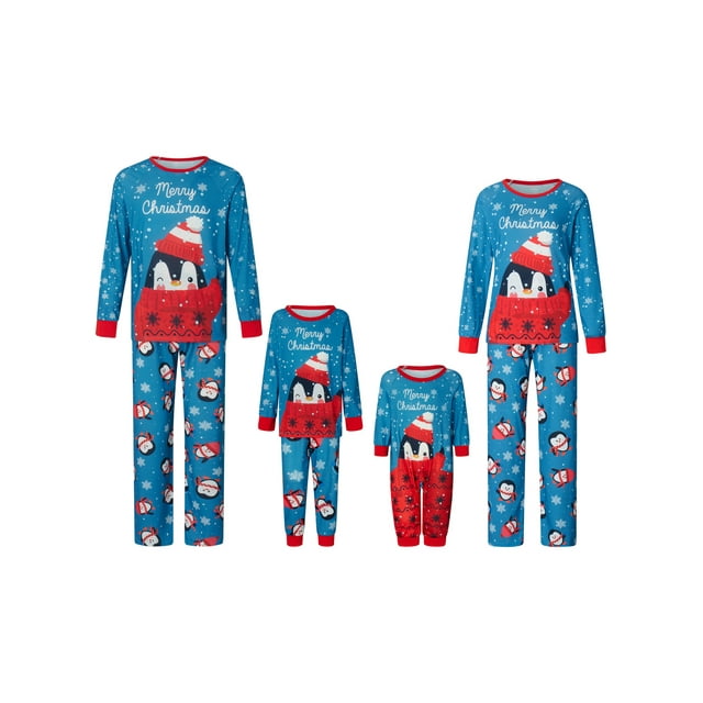 Wallarenear Christmas Family Pajamas Matching Set Penguin Snow Print ...