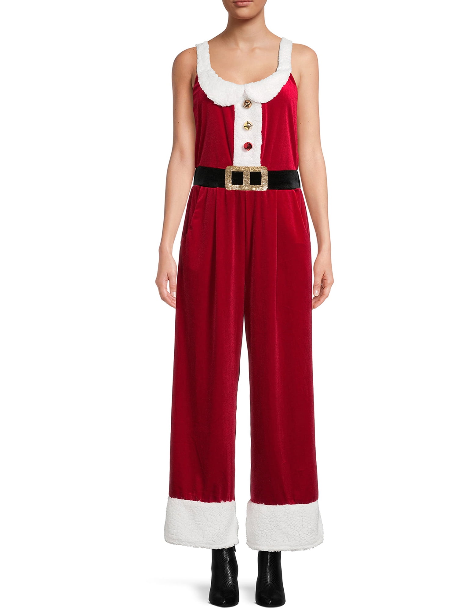 Wallarenear Women Christmas Overalls Velvet Wide Leg Romper Pants Santa ...