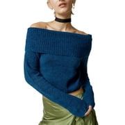 Wallarenear Women Off Shoulder Sweater Ribbed Knit Oversized Casual Pullover Jumpers Tops,Blue,M