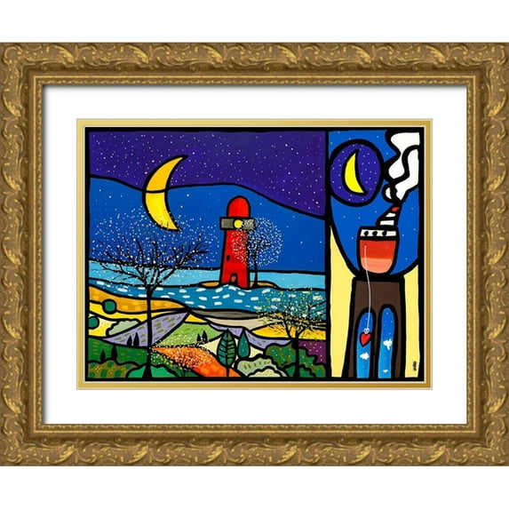Wallas 32x25 Gold Ornate Wood Framed with Double Matting Museum Art Print Titled - La sentinella del Mare + Approdo alla luna