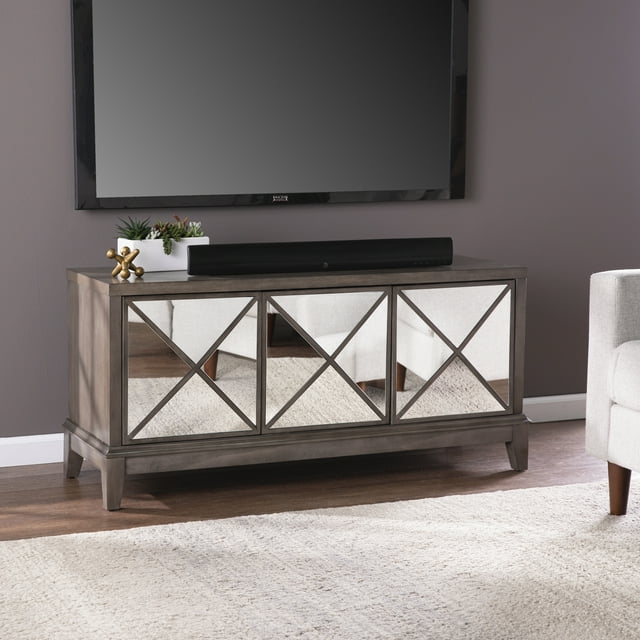Wallaston Mirrored Media Cabinet, Light Brown Storage Console with Push-to-Open Doors for Living Room