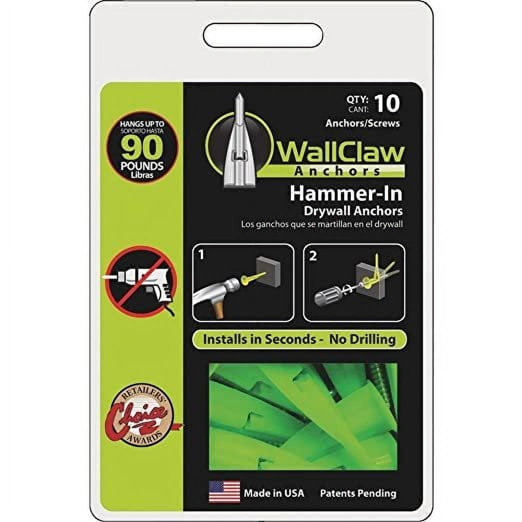 Wallclaw Anchors Hammer-In Drywall Anchor With Screws 1/2" 125 Lb, 90 Lb. 2 Pack of 10