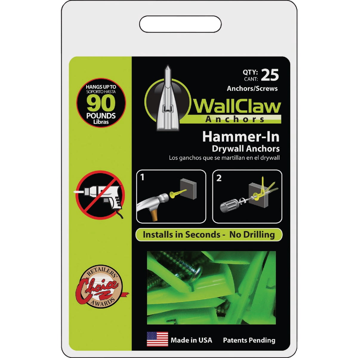 25-pack WallClaw Anchors Drywall Anchor With Screws - Hammer-In, Easy Installation - 25 Pack, 1/2 In — Heavy-Duty Construction, Professional Use