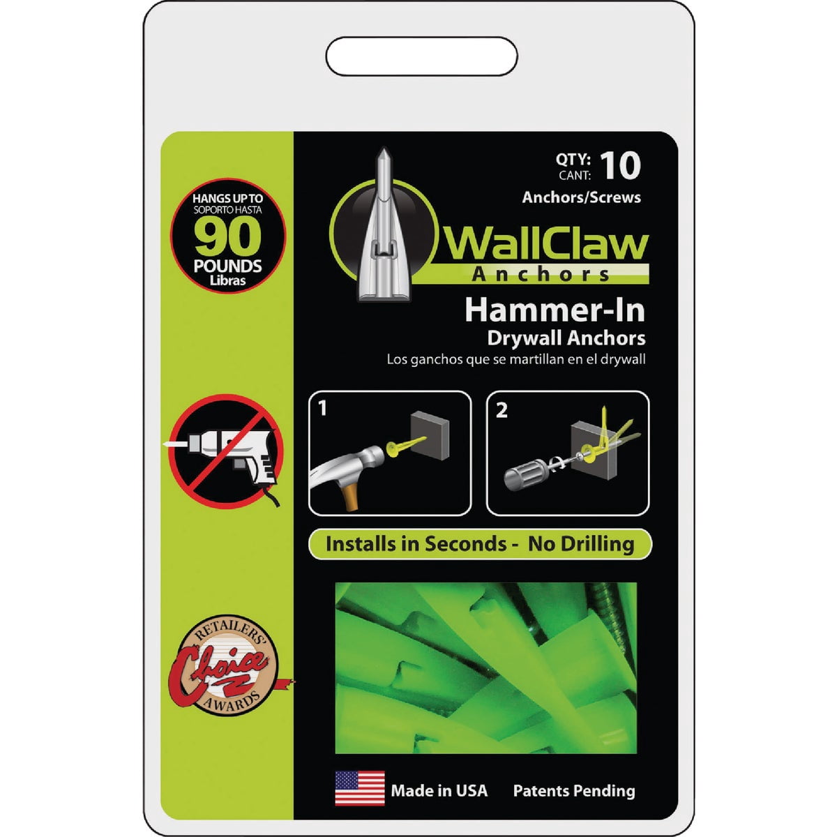 Wallclaw Anchors Hammer-In Drywall Anchor With Screws 1/2" 125 Lb, 90 Lb. 4 Pack of 10