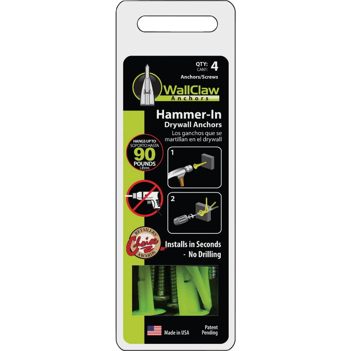 WallClaw Anchors Hammer-In Drywall Anchor With Screws - Pan-Head, 1/2", 4 Pack