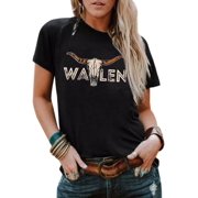 FLAICU Wallen Shirt Women Funny Leopard Steer Skull Graphic Tee Top Country Music Shirt Western Short Sleeve Letter Print Shirt