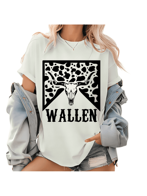 Wallen Skull Print T shirt, Country Concert Leopard Tops, Unisex Garment-Dyed Pattern T-shirt, Country Shirt, Cowboy Tee White,M