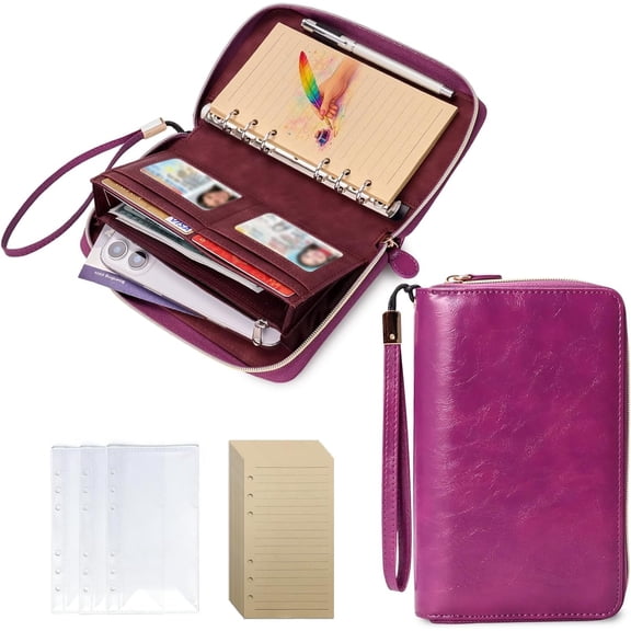 Wallet A6 Binder Budget Planner with Detachable 6 Rings, Zipper Planner Binder for Women, A6 Planner Saving Binder, Refillable Organizer with Wrist Strap for Budgeting