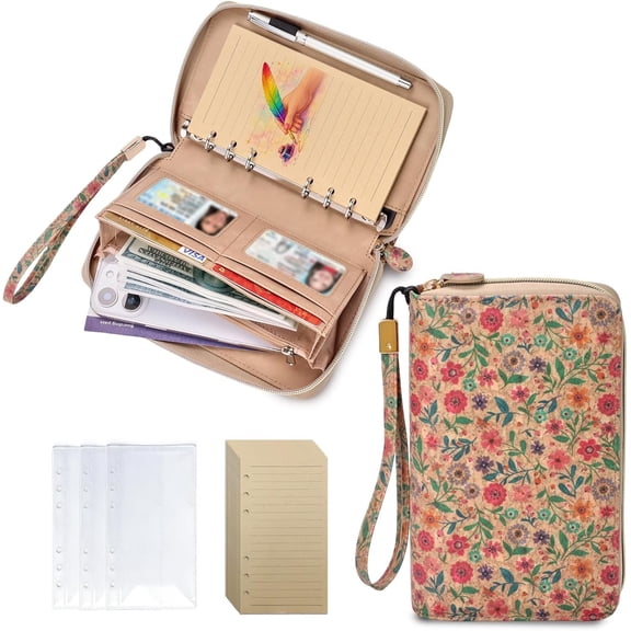 Wallet A6 Binder Budget Planner with Detachable 6 Rings, Zipper Planner Binder for Women, A6 Planner Saving Binder, Refillable Organizer with Wrist Strap for Budgeting