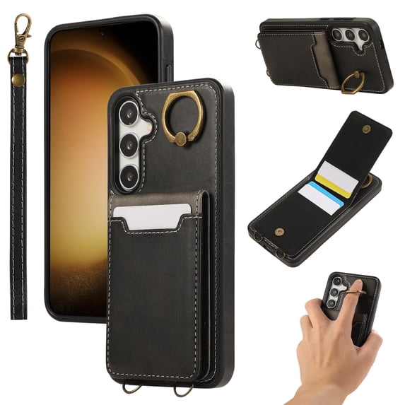 Wallet Back Case for Samsung Galaxy A14 5G with Wrist Strap, Stylish Magnetic Card Holder Finger Ring Kickstand PU Leather Lanyard Shockproof Slim Phone Case for Samsung Galaxy A14 5G, Black