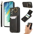 thumbnail image 1 of Wallet Back Case for Samsung Galaxy S21 FE with Wrist Strap, Stylish Magnetic Card Holder Finger Ring Kickstand PU Leather Lanyard Shockproof Slim Phone Case for Samsung Galaxy S21 FE, Black, 1 of 7