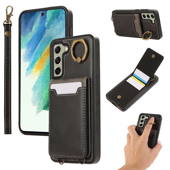 Wallet Back Case for Samsung Galaxy S21 FE with Wrist Strap, Stylish Magnetic Card Holder Finger Ring Kickstand PU Leather Lanyard Shockproof Slim Phone Case for Samsung Galaxy S21 FE, Black