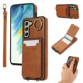 thumbnail image 1 of Wallet Back Case for Samsung Galaxy S21 FE with Wrist Strap, Stylish Magnetic Card Holder Finger Ring Kickstand PU Leather Lanyard Shockproof Slim Phone Case for Samsung Galaxy S21 FE, Brown, 1 of 7
