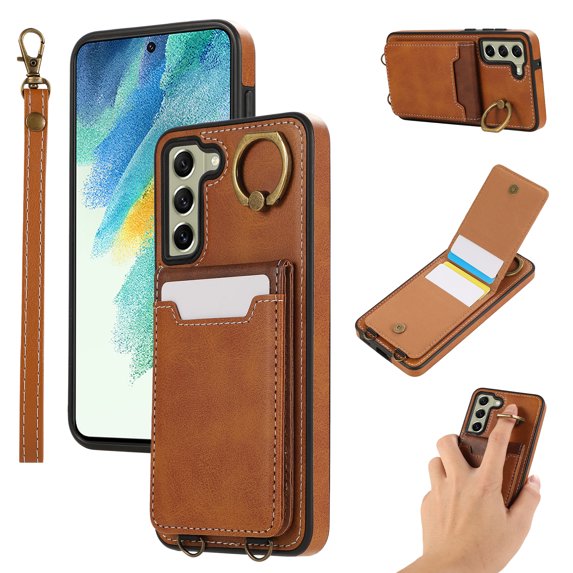 Wallet Back Case for Samsung Galaxy S21 FE with Wrist Strap, Stylish Magnetic Card Holder Finger Ring Kickstand PU Leather Lanyard Shockproof Slim Phone Case for Samsung Galaxy S21 FE, Brown