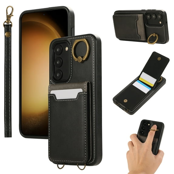 Wallet Back Case for Samsung Galaxy S23 with Wrist Strap, Stylish Magnetic Card Holder Finger Ring Kickstand PU Leather Lanyard Shockproof Slim Phone Case for Samsung Galaxy S23, Black