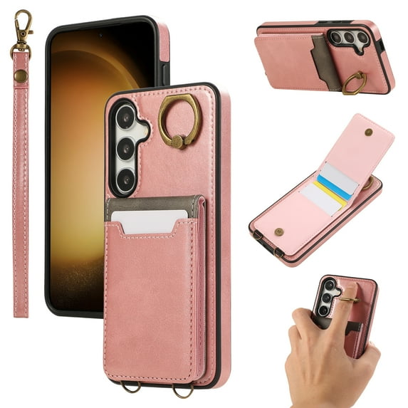 Wallet Back Case for Samsung Galaxy S24 with Wrist Strap, Stylish Magnetic Card Holder Finger Ring Kickstand PU Leather Lanyard Shockproof Slim Phone Case for Samsung Galaxy S24, Pink