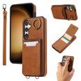 thumbnail image 1 of Wallet Back Case for Samsung Galaxy S24 with Wrist Strap, Stylish Magnetic Card Holder Finger Ring Kickstand PU Leather Lanyard Shockproof Slim Phone Case for Samsung Galaxy S24, Brown, 1 of 7