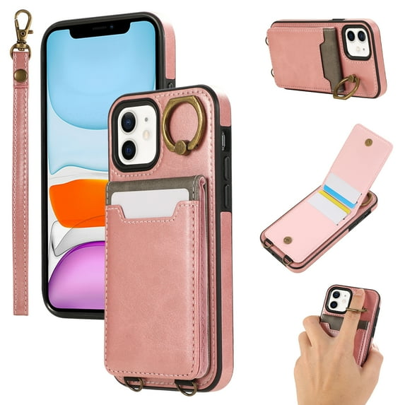 Wallet Back Case for iPhone 11 with Wrist Strap, Stylish Magnetic Card Holder Finger Ring Kickstand PU Leather Lanyard Shockproof Slim Phone Case Cover for iPhone 11, Pink