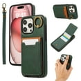 thumbnail image 1 of Wallet Back Case for iPhone 13 Pro Max with Wrist Strap, Stylish Magnetic Card Holder Finger Ring Kickstand PU Leather Lanyard Shockproof Slim Phone Case Cover for iPhone 13 Pro Max, Green, 1 of 9