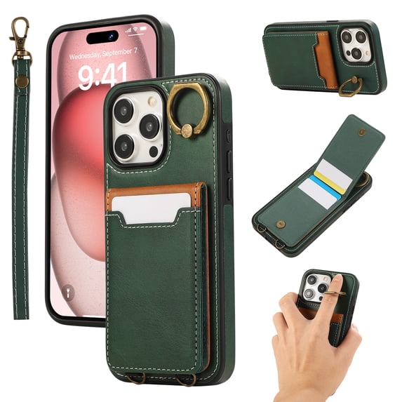 Wallet Back Case for iPhone 13 Pro Max with Wrist Strap, Stylish Magnetic Card Holder Finger Ring Kickstand PU Leather Lanyard Shockproof Slim Phone Case Cover for iPhone 13 Pro Max, Green