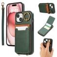 thumbnail image 1 of Wallet Back Case for iPhone 13 with Wrist Strap, Stylish Magnetic Card Holder Finger Ring Kickstand PU Leather Lanyard Shockproof Slim Phone Case Cover for iPhone 13, Green, 1 of 7