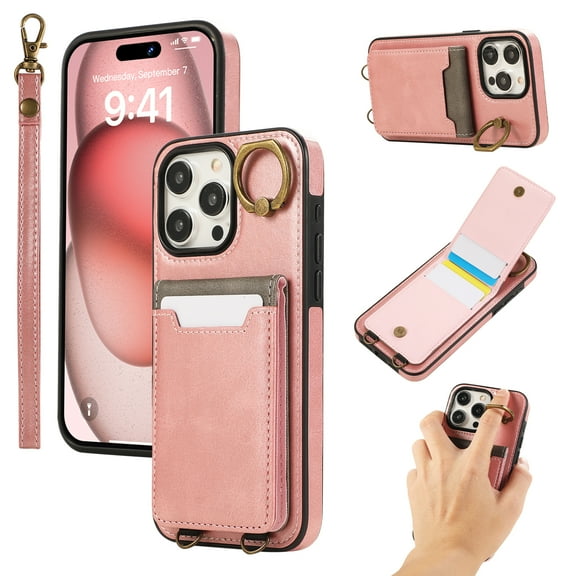 Wallet Back Case for iPhone 15 Pro Max with Wrist Strap, Stylish Magnetic Card Holder Finger Ring Kickstand PU Leather Lanyard Shockproof Slim Phone Case Cover for iPhone 15 Pro Max, Pink