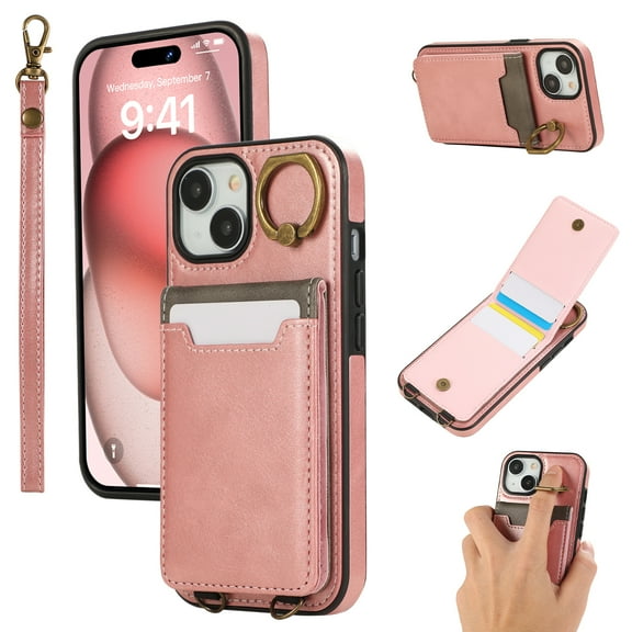 Wallet Back Case for iPhone 15 with Wrist Strap, Stylish Magnetic Card Holder Finger Ring Kickstand PU Leather Lanyard Shockproof Slim Phone Case Cover for iPhone 15, Pink