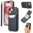 thumbnail image 1 of Wallet Back Case for iPhone 15 with Wrist Strap, Stylish Magnetic Card Holder Finger Ring Kickstand PU Leather Lanyard Shockproof Slim Phone Case Cover for iPhone 15, Blue, 1 of 7