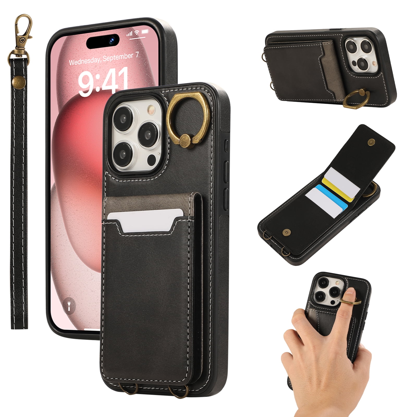 Wallet Back Case for iPhone 16 Pro Max with Wrist Strap, Stylish