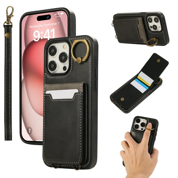 Wallet Back Case for iPhone 16 Pro Max with Wrist Strap, Stylish Magnetic Card Holder Finger Ring Kickstand PU Leather Lanyard Shockproof Slim Phone Case Cover for iPhone 16 Pro Max, Black