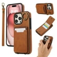 thumbnail image 1 of Wallet Back Case for iPhone 16 Pro with Wrist Strap, Stylish Magnetic Card Holder Finger Ring Kickstand PU Leather Lanyard Shockproof Slim Phone Case Cover for iPhone 16 Pro, Brown, 1 of 9