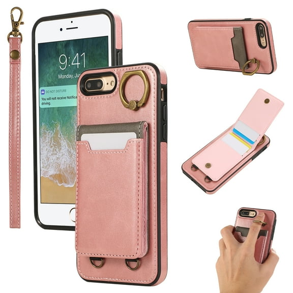 Wallet Back Case for iPhone 7 Plus/8 Plus with Wrist Strap, Stylish Magnetic Card Holder Finger Ring Kickstand PU Leather Lanyard Shockproof Slim Phone Case Cover for iPhone 7 Plus/8 Plus, Pink