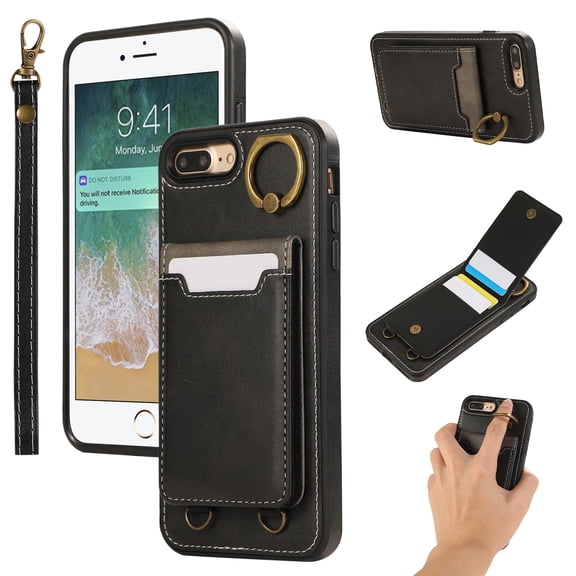 Wallet Back Case for iPhone 7 Plus/8 Plus with Wrist Strap, Stylish Magnetic Card Holder Finger Ring Kickstand PU Leather Lanyard Shockproof Slim Phone Case Cover for iPhone 7 Plus/8 Plus, Black